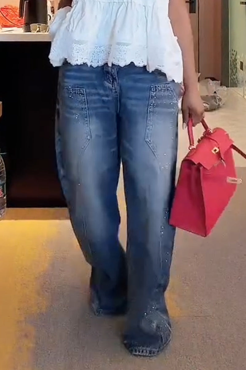 Women's Washed and Spliced Rhinestone Casual Jeans