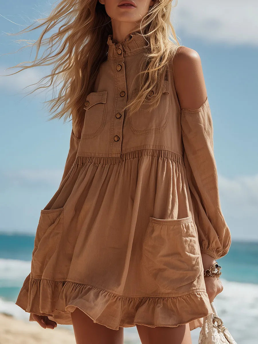 Bohemian Casual Camel Denim Off-shoulder Long-sleeved Multi-pocket Ruffle Mini Dress