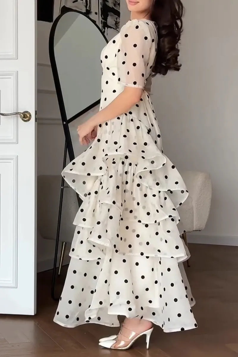 Women's Elegant Tiered Flounce Hem Polka Dot Dress