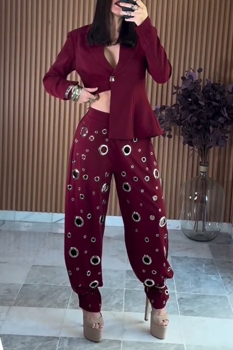 Women's Asymmetrical Collar Jacket or Perforated Pants with Corns