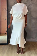 Women's Round Neck Back Hollow Top+ Patchwork Skirt Solid Color Elegant Casual Set
