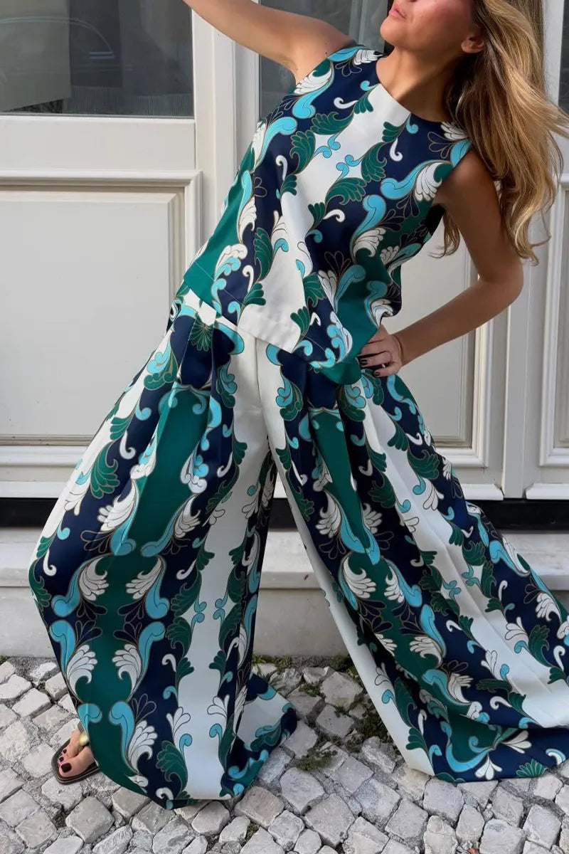 Women's Vintage Floral Print Sleeveless Crop Top & Wide Leg Pants