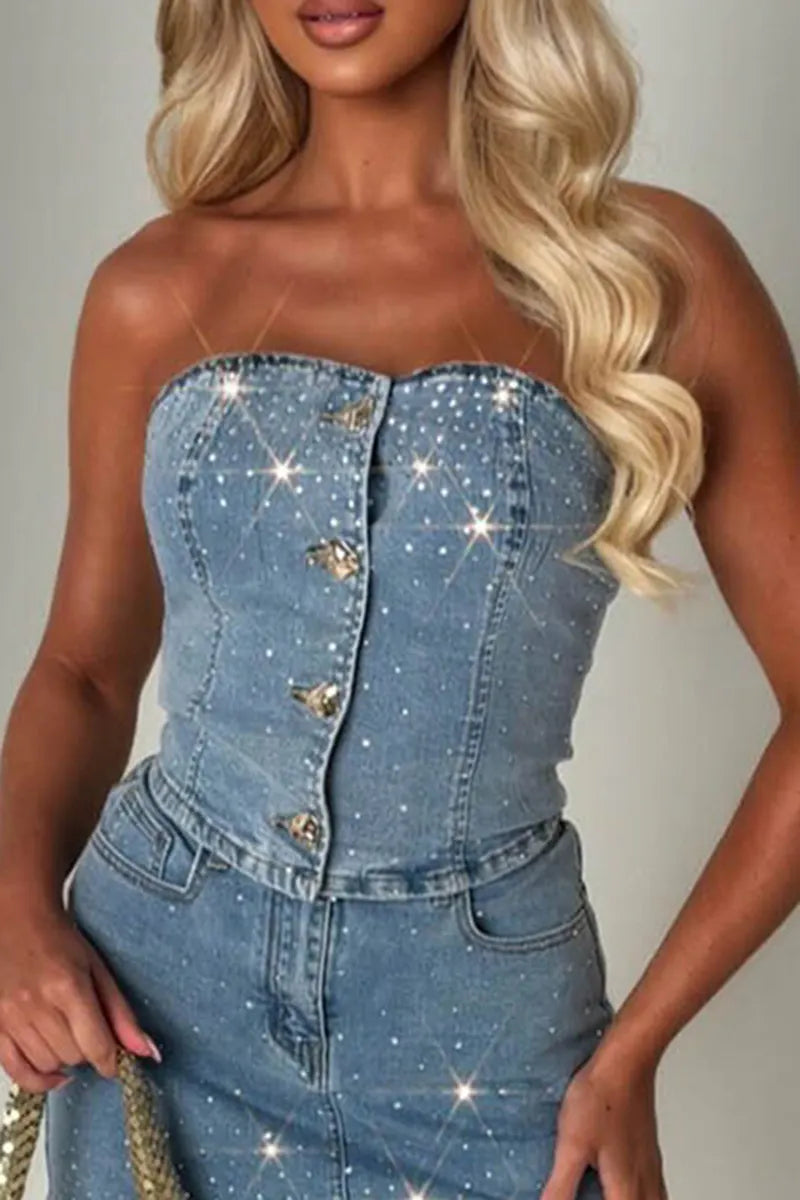 Women's Elegant Rhinestone Denim Bustier or Skirt