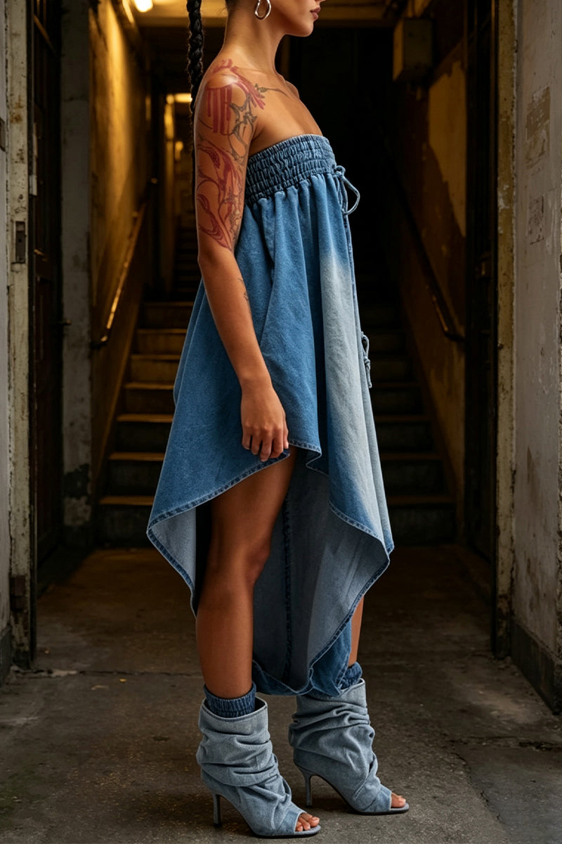 Women's Strapless Laundry Irregular Sexy Casual Denim Jumpsuit