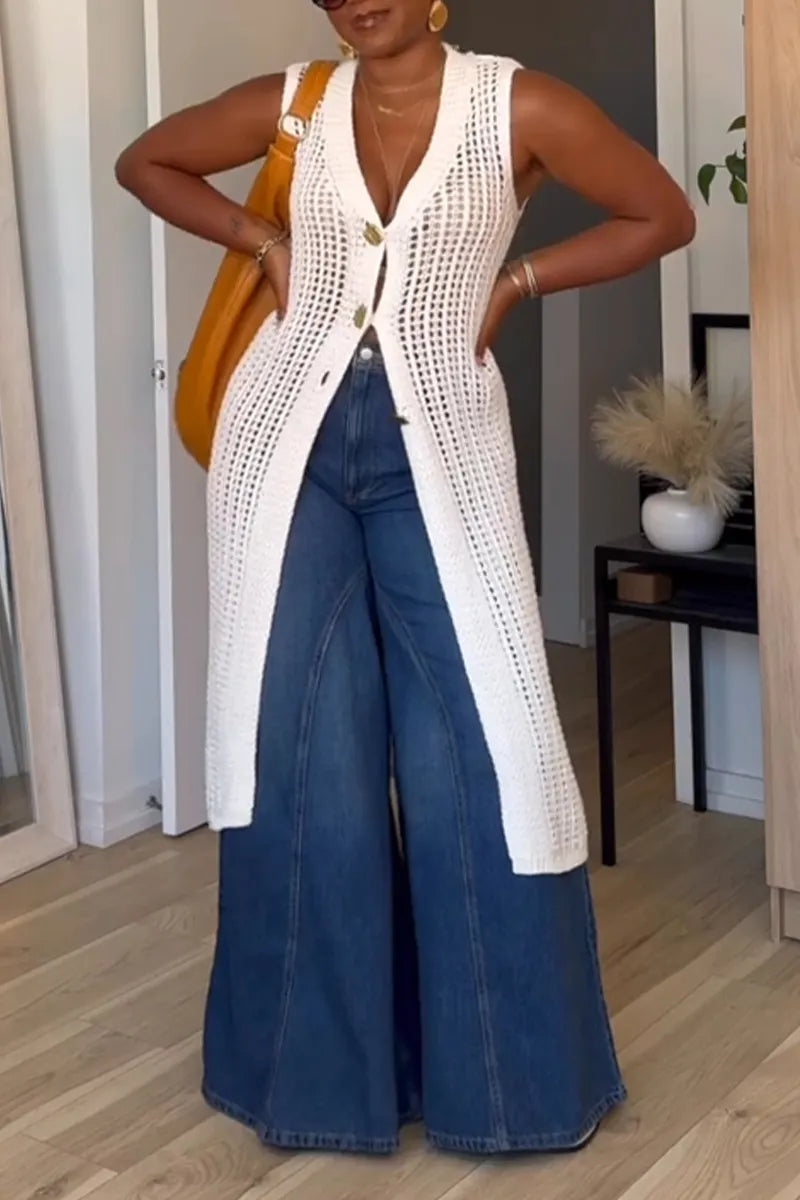 Women's V-neck Woven Hollow Out Long Cardigan or Spliced Wide Leg Jeans