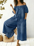Casual Off-shoulder Denim Jumpsuit