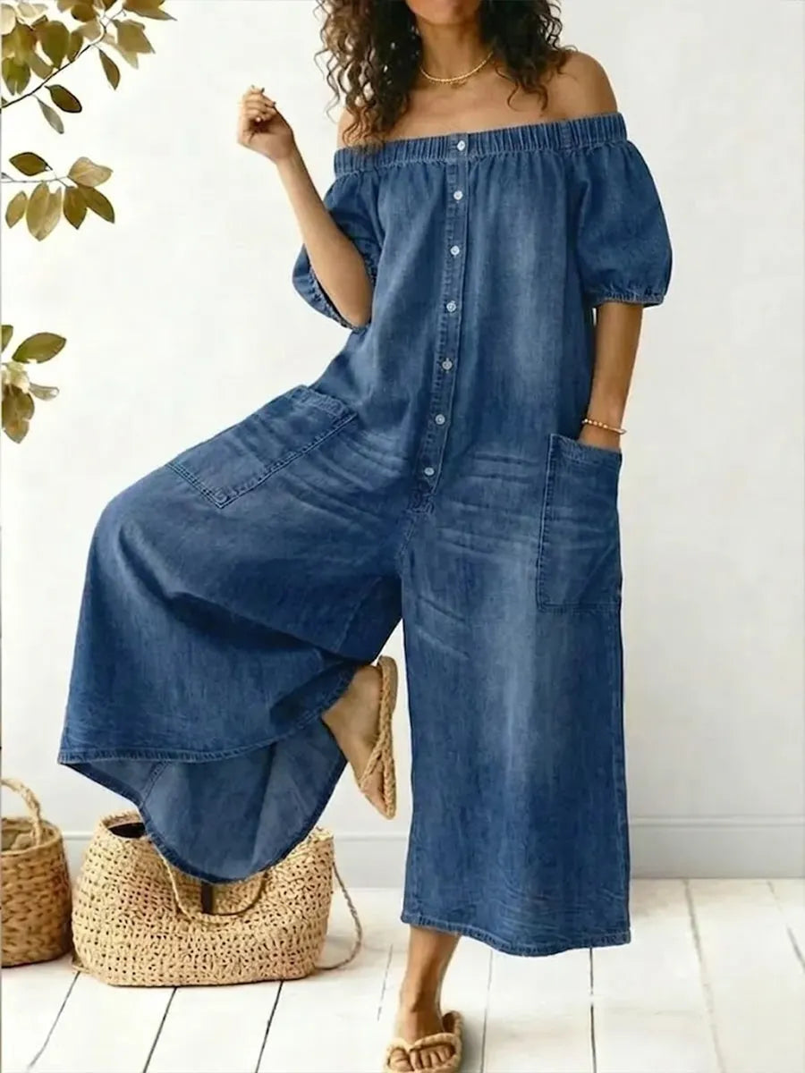 Casual Off-shoulder Denim Jumpsuit