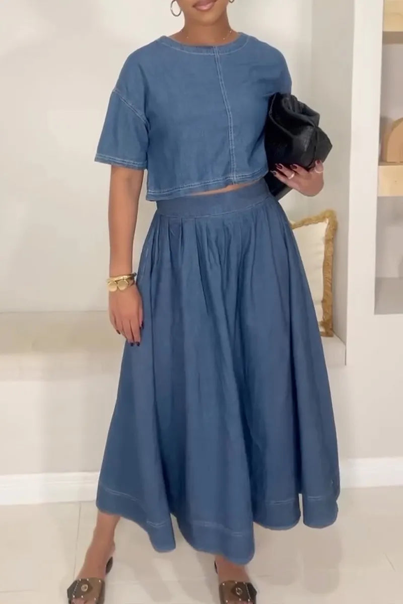 Women's Casual Crew Neck Short Sleeve Denim Top or A-Line Skirt