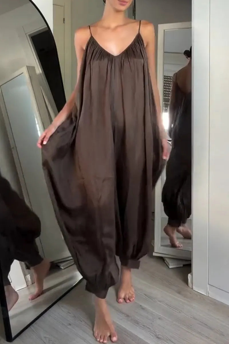 Women's Casual Wide Leg Data Loose Strappy Jumpsuit