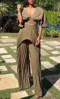 Women V-neck Short Top + Patchwork Pleated Wide Leg Pants Solid Color Temperament Casual Set