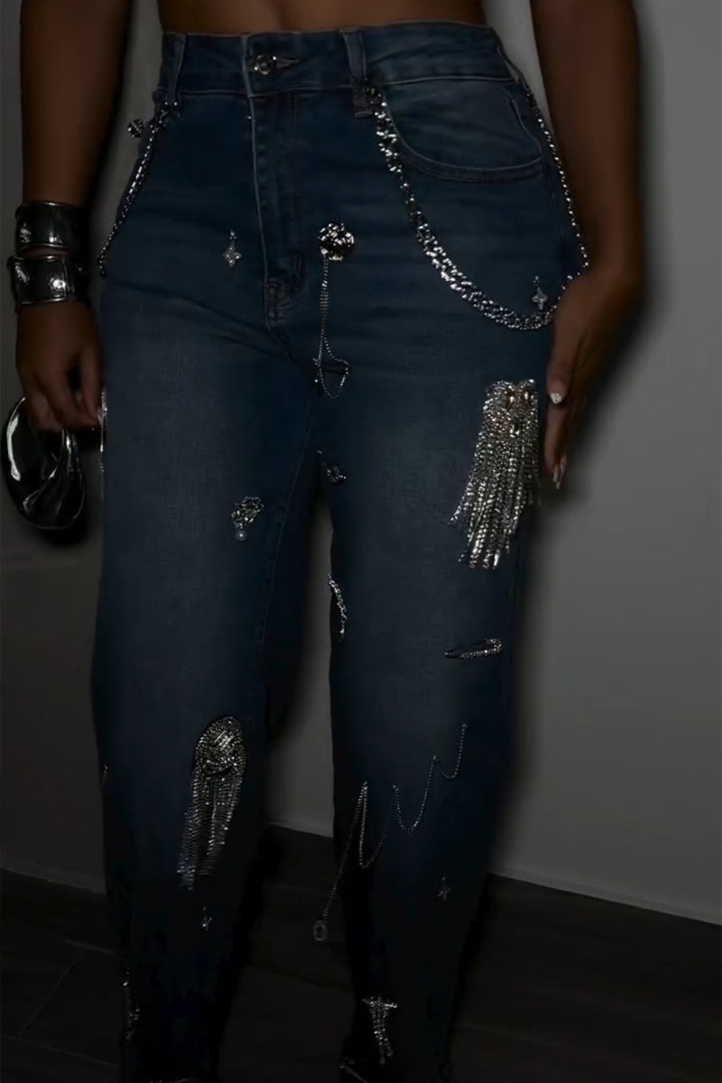 Women's Fashion Rhinestone Pattern Metal Chain Decoration Wide Leg Jeans