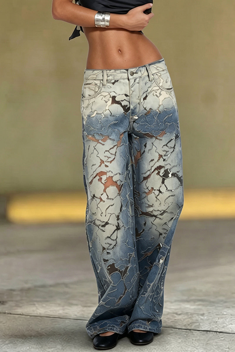 Women's Fashion Textured Wash Design Wide Leg Jeans