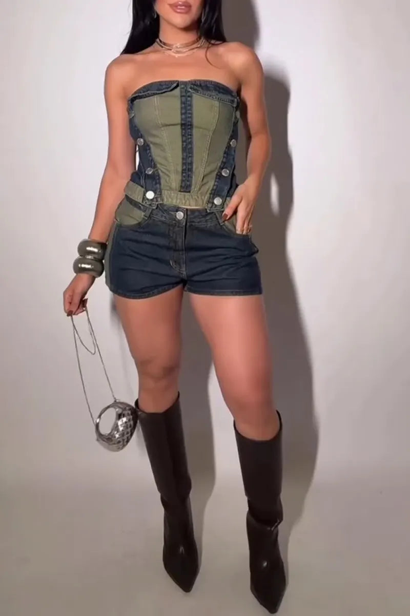 Women's Casual Color Block Denim Bustier or Cropped Jeans