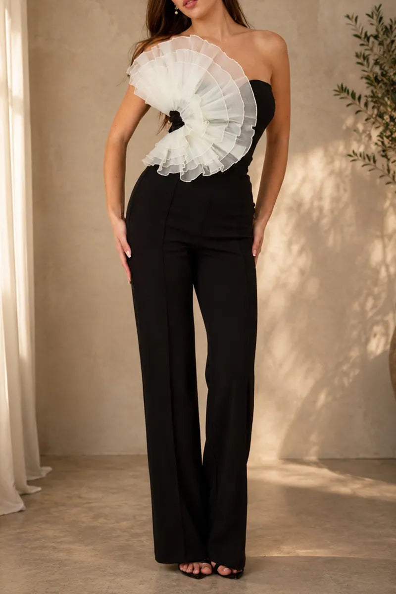 Women's Strapless Patchwork Mesh Floral Decoration Elegant Temperament Jumpsuit