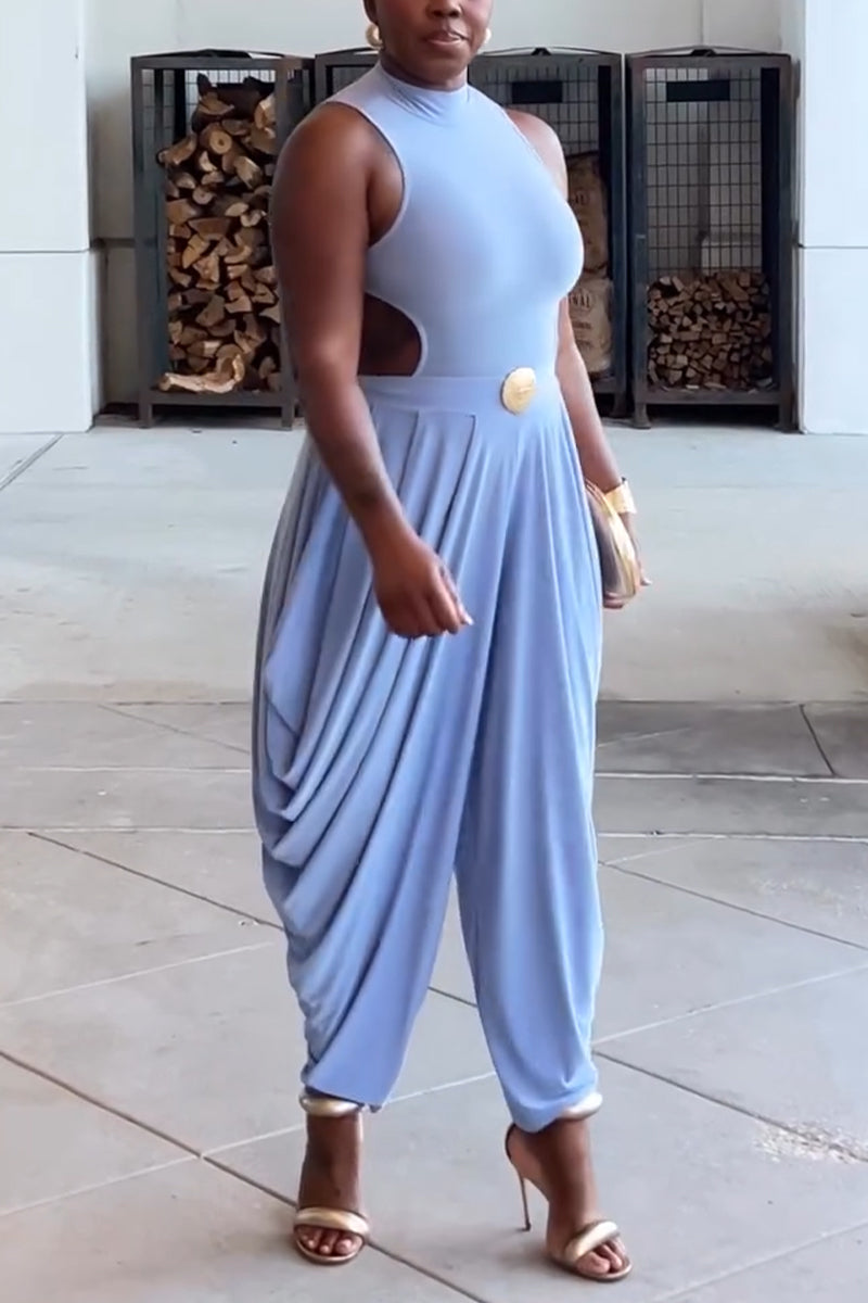 Women's Round Neck Sleeveless Patchwork Back Hollow Out Casual Jumpsuit