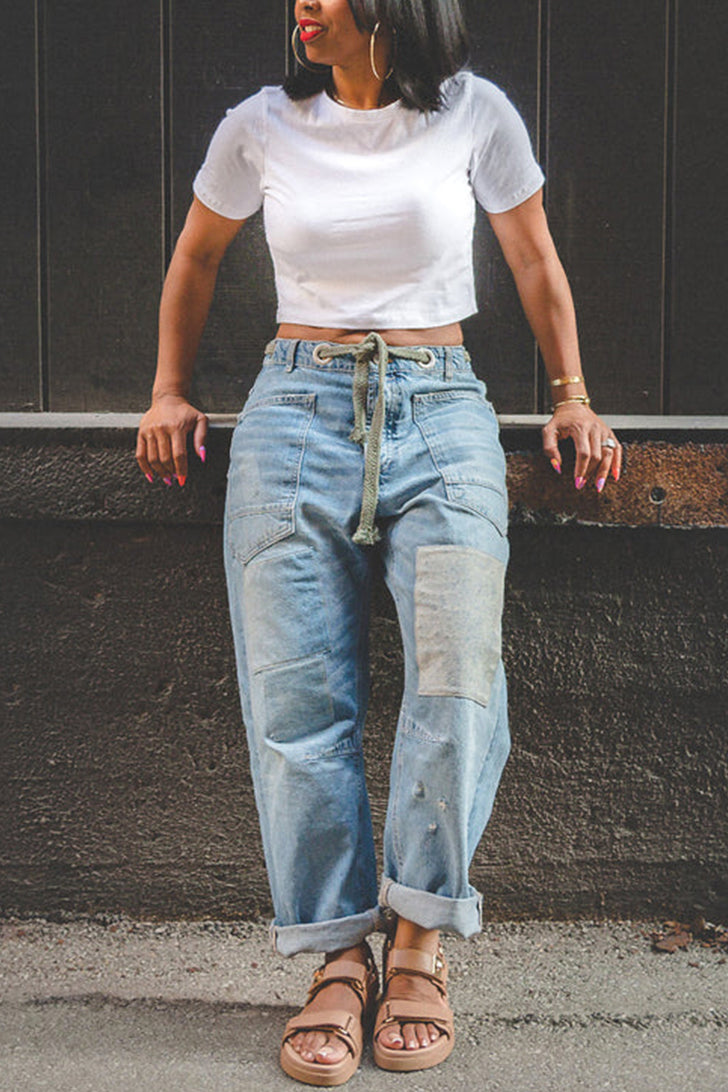 Women's Casual Patchwork Belted Wide Leg Jeans