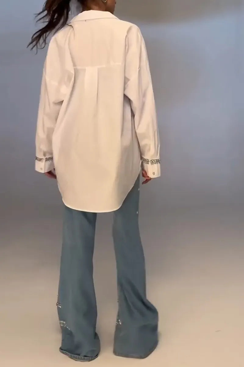 Women's Fashion Commuter Rhinestone Shirts or Wide Leg Jeans