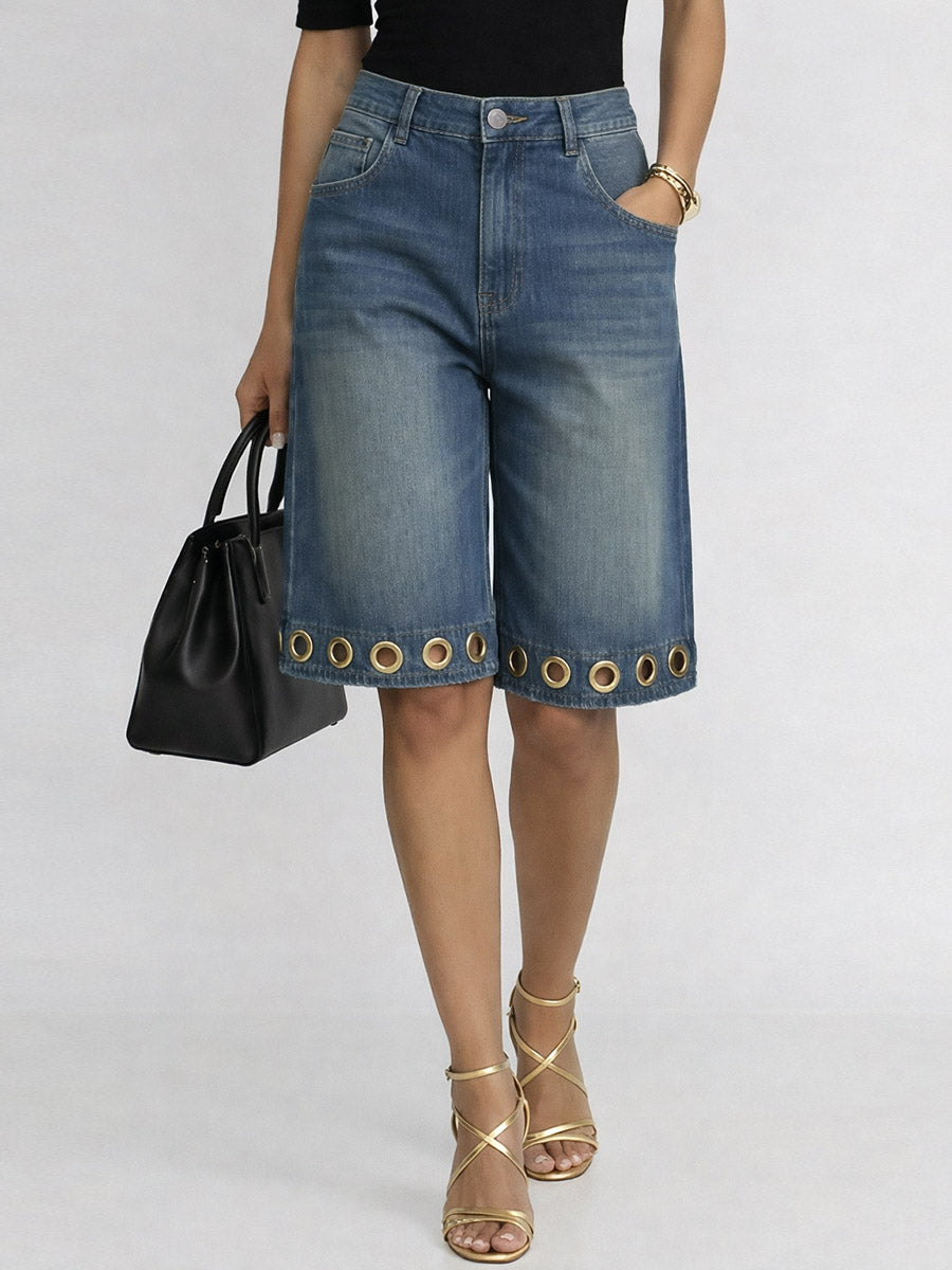 Women's High-waisted Casual Loose-fit Denim Wide-leg Shorts With Metal Cutout Design
