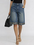 Women's High-waisted Casual Loose-fit Denim Wide-leg Shorts With Metal Cutout Design
