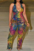 Women's Street Style Printed Color Blocked Tassel Jumpsuit