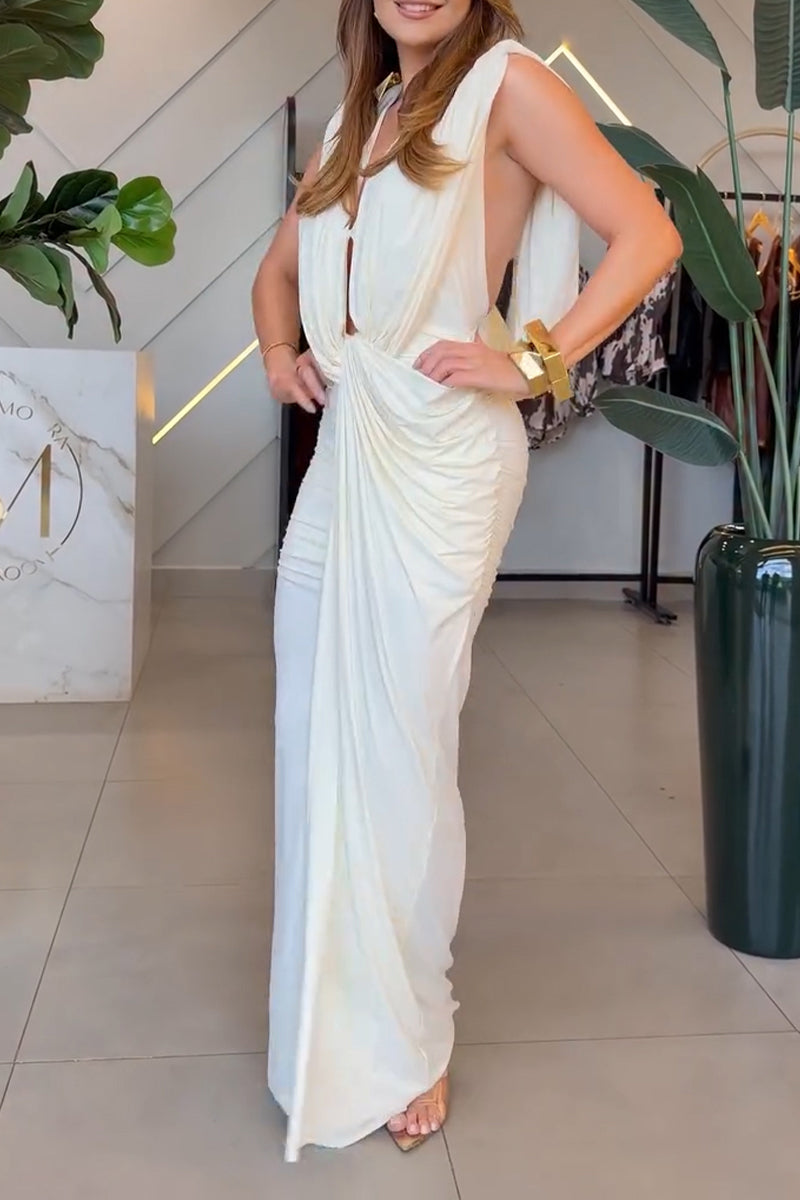 Women's Elegant Pleated Slim Maxi Dress