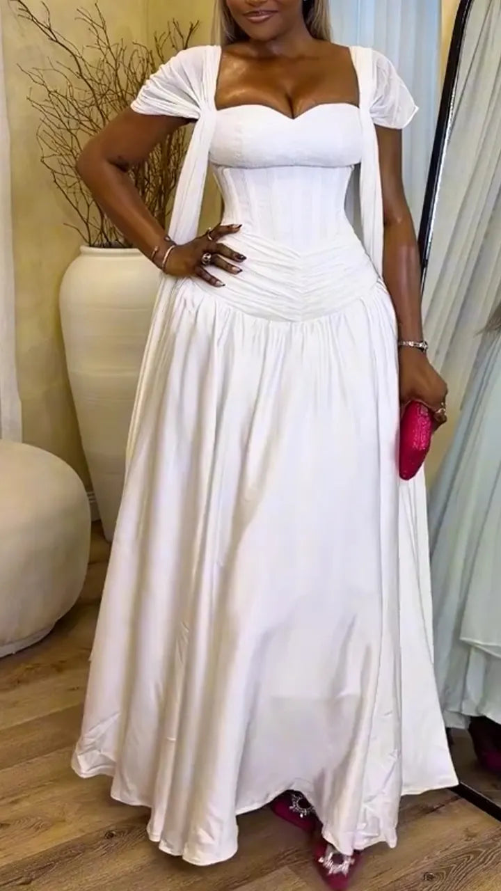 Women Square Neck Solid Color Waist Cinching Elegant Temperament Dress
