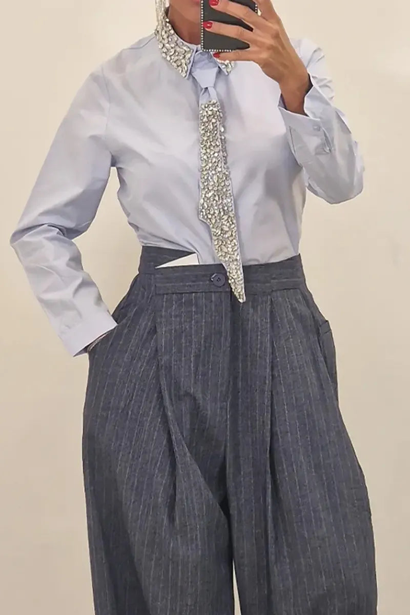 Women's Fashion Rhinestone Neckline Shirt with Belt or Stripe Suit Pants