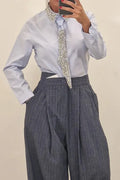 Women's Fashion Rhinestone Neckline Shirt with Belt or Stripe Suit Pants