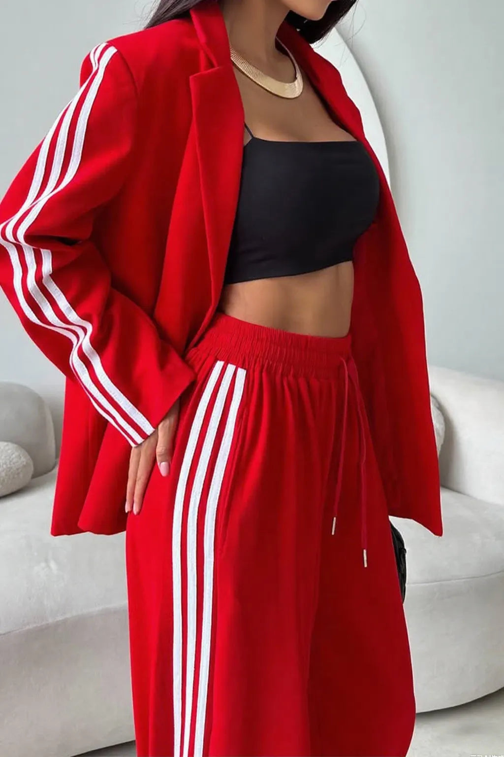 Ladies Collar Vertical Patterned Jacket+ Pants Casual Set