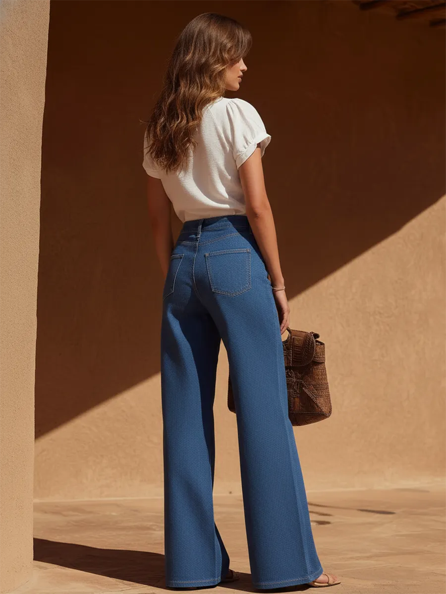 Resort-style High-waisted Denim Zipper Wide-leg Trousers