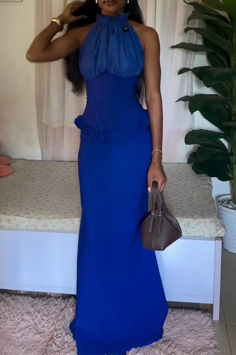 Women Neck and Waist Cinching Top + Half Skirt Elegant Temperament Set