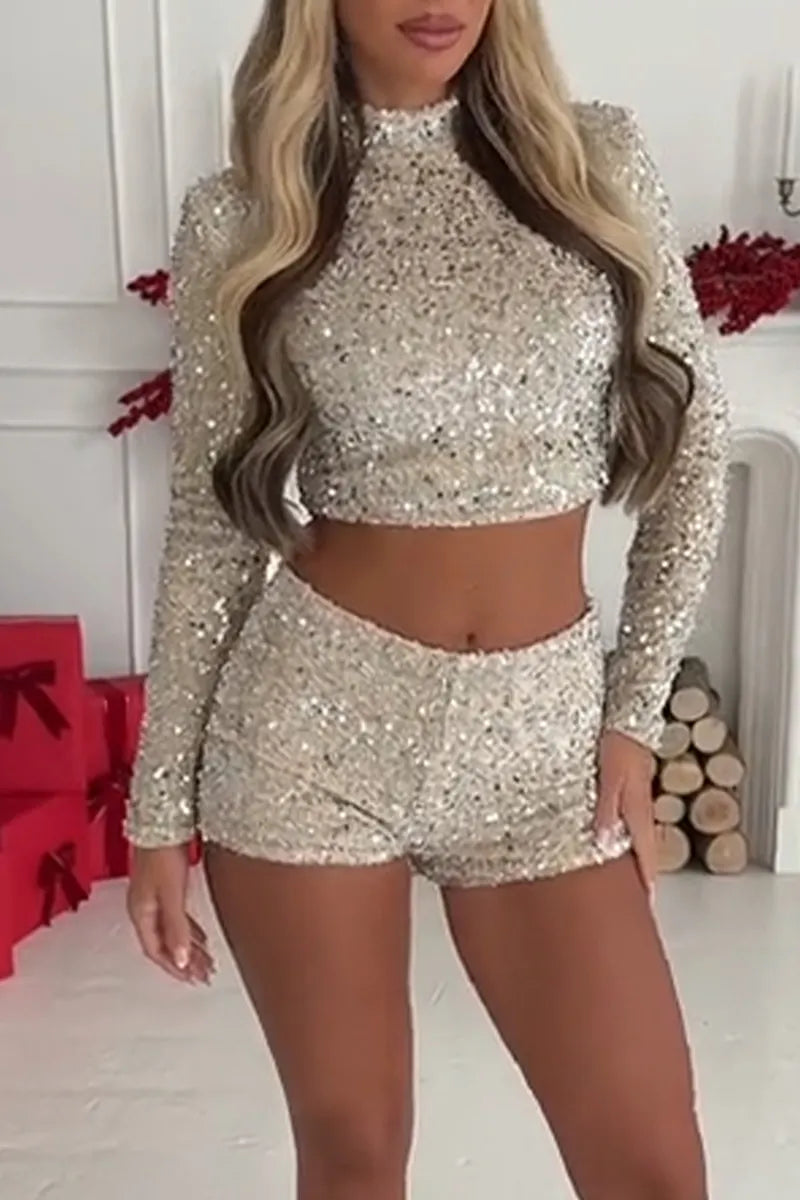 Women's Round Neck Sequined Long Sleeved Top+ Shorts Sexy Casual Dinner Party Style Set
