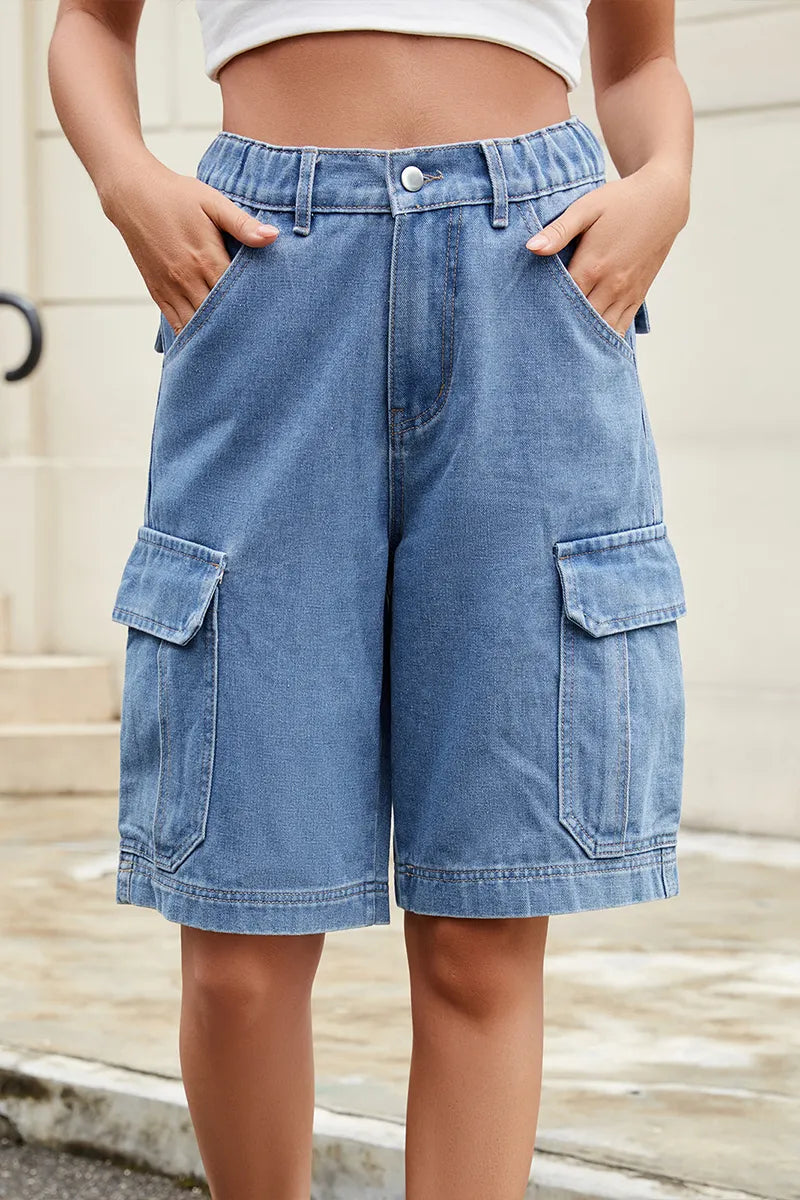 Women's Casual Elastic Waist Denim Cargo Shorts