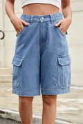 Women's Casual Elastic Waist Denim Cargo Shorts