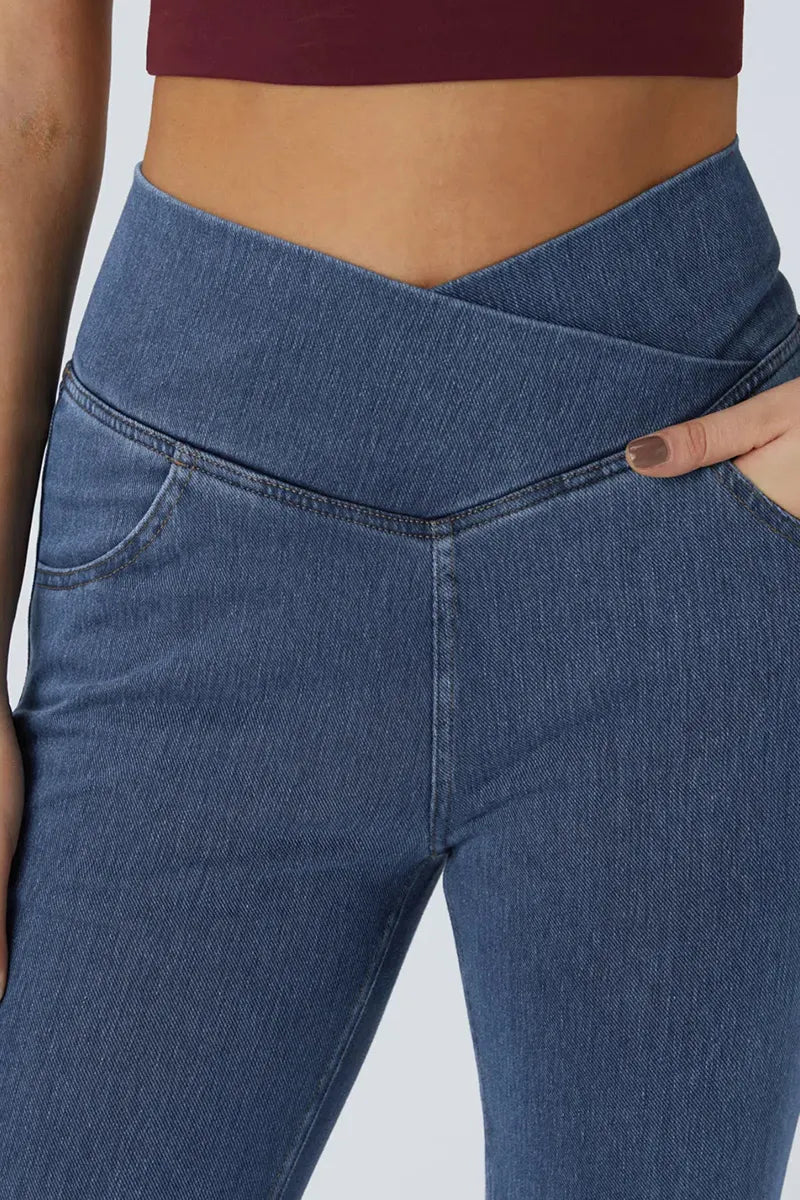 Women's High Waist Cross Over Flared Jeans With Elegant Draping