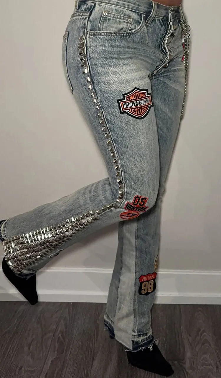 Womens Printed Washed Water Casual Jeans