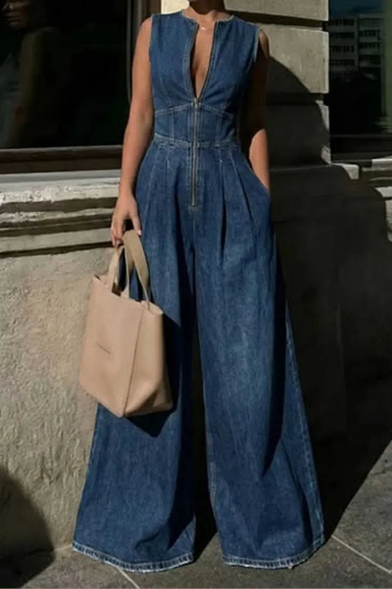Women's High-Waisted Denim Jumpsuit with Corset Seams & Raw Hem