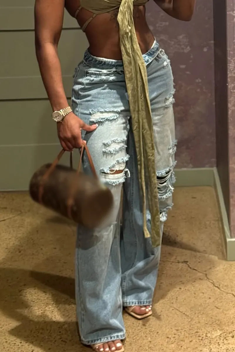Women Washed Ripped Casual Wide Leg Jeans