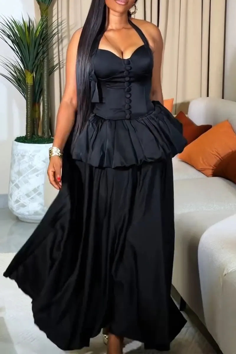 Women's Elegant Balloon Tiered Hem Tie Waist Cinching Maxi Dress