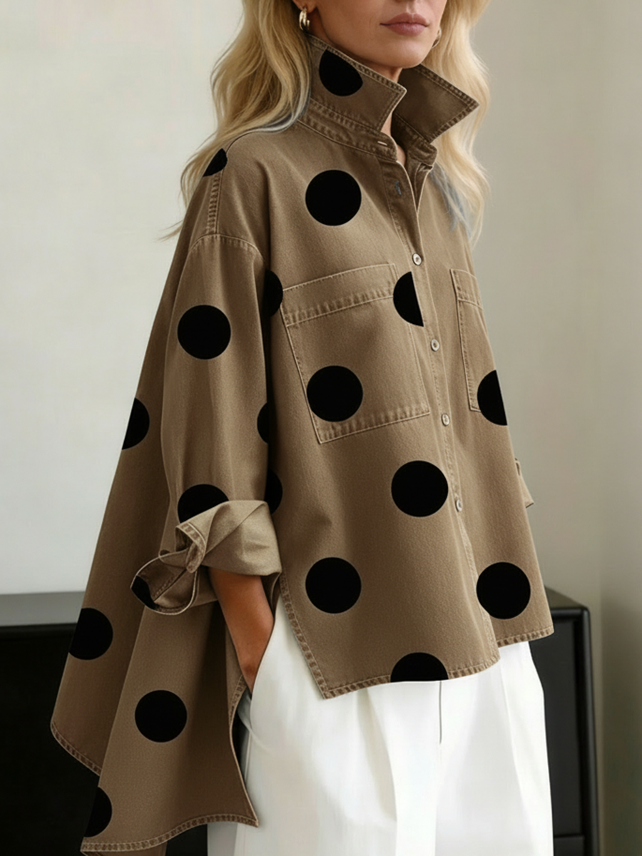 Elegant Artistic Polka Dot Print Stand-collar Cotton Top