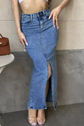 Women‘s Vintage Washed Front-Slit Denim Skirt