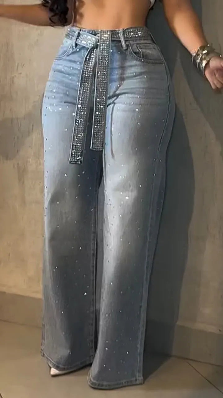 Women High Waisted Hot Pressed Diamond Temperament Casual Jeans