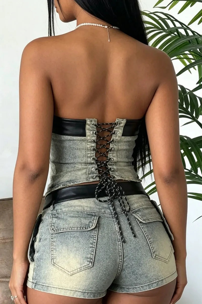 Women Acid Washed Denim PU Contrast Trim Strapless Crisscross Lace Up Corset Top Or Acid Washed Denim PU Trim High Waist Side Cargo Pocket Slim Denim Shorts