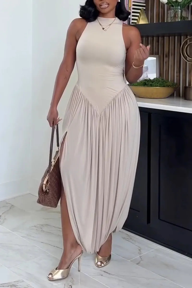 Women's Round Neck Sleeveless Spliced Side Slit Elegant Casual Dress