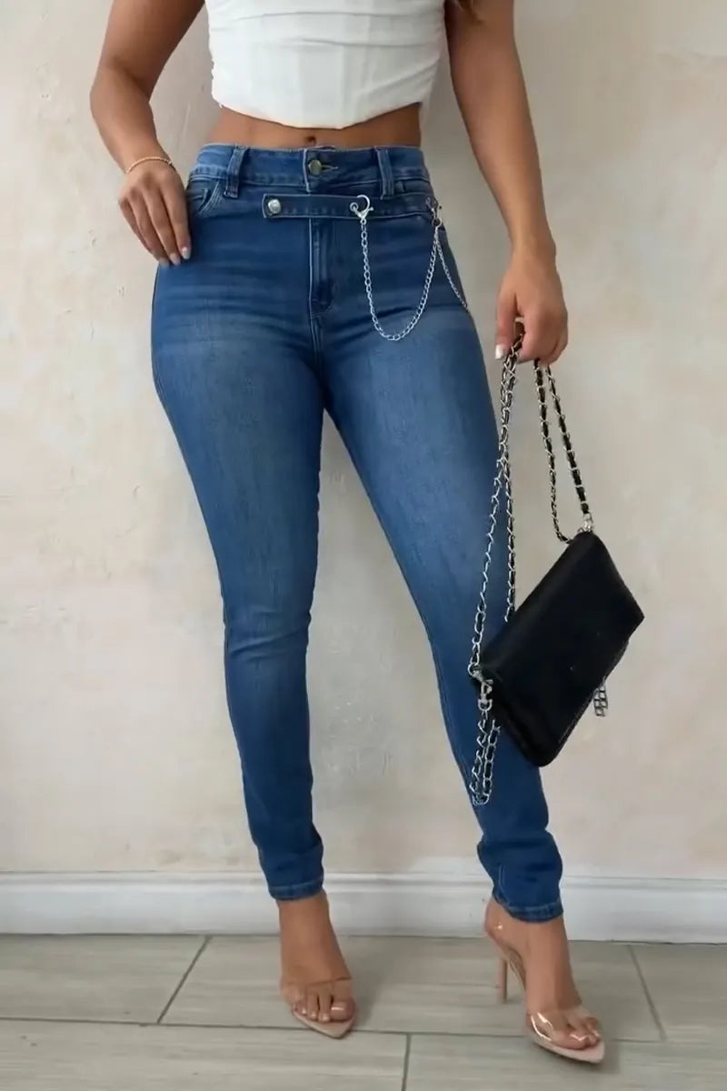 Women's Patchwork Washing Chain Casual Tight Jeans