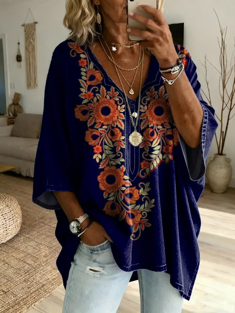 Women's Vintage Ethnic Floral Print Casual Washed Cotton Denim Shirt