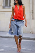 Women's Fashion V-Neck Vest or Ripped Loose Shorts Jeans