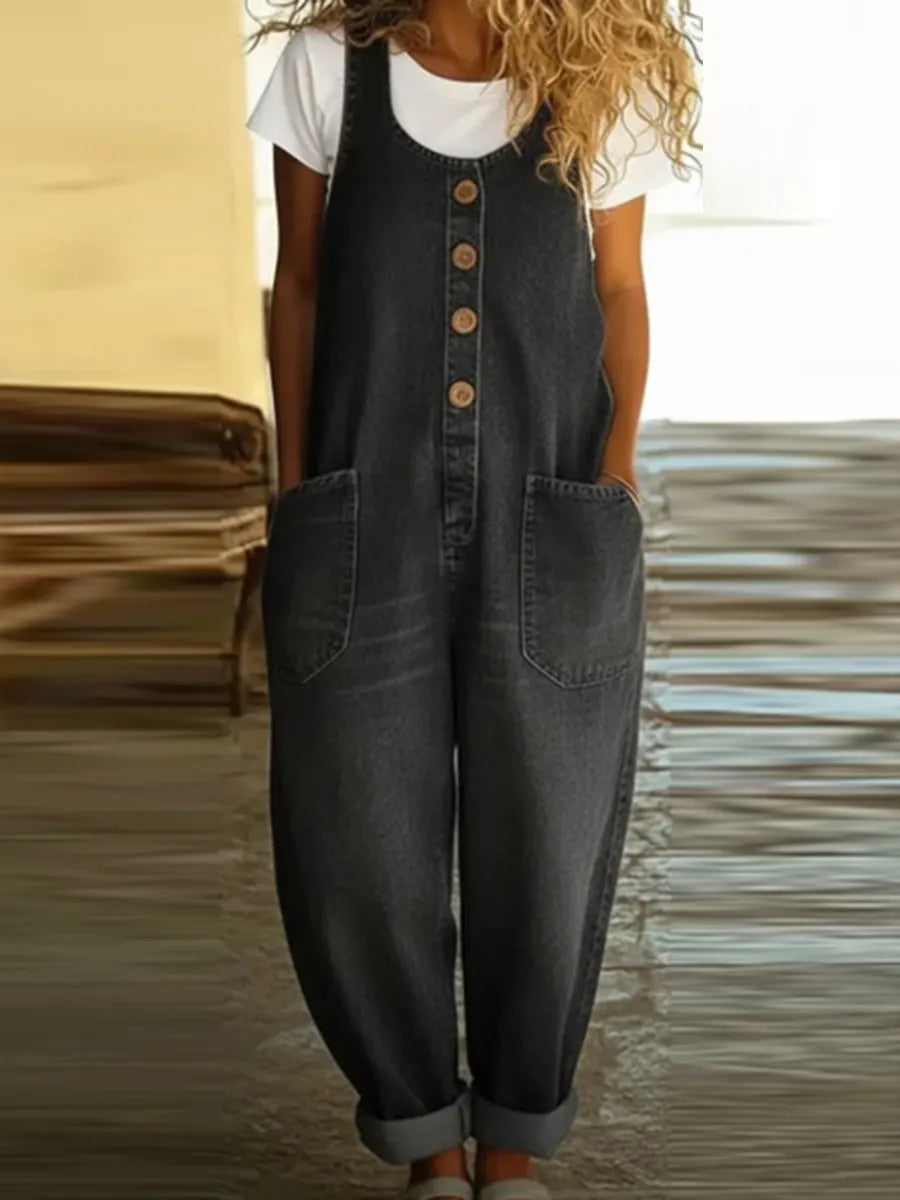 Buttoned Pockets Solid Color Split-Joint Loose Plus Size U-Neck Overalls