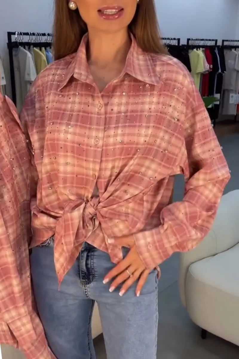 Women Collar Rhinestone Plaid Casual Shirt