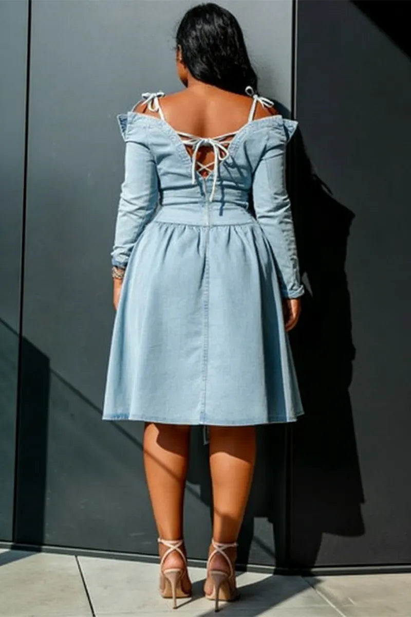 Ladies' Hot Selling Casual Elegant Washed Long Sleeved Knee Length Dress